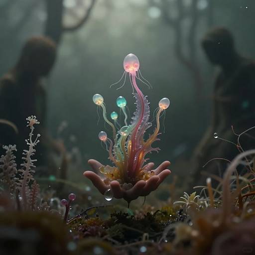 Photograph of a glowing, underwater alien-like plant with colorful jellyfish-like orbs and tentacles, surrounded by dark, misty forest background.