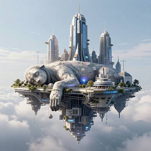 Digital artwork of a futuristic cityscape floating in the sky, featuring a massive sleeping bear at its center, surrounded by skyscrapers and greenery.