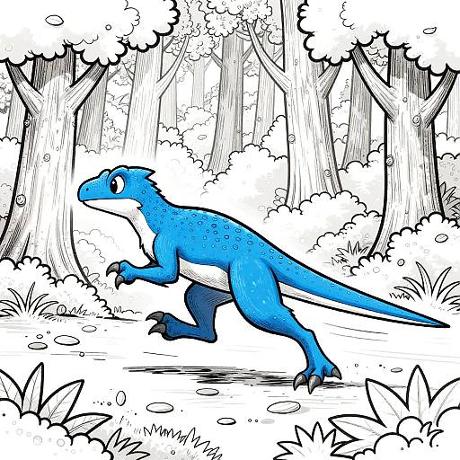 Colorful digital drawing of a blue, anthropomorphic, dinosaur-like creature running through a black-and-white forest, with detailed trees and foliage.