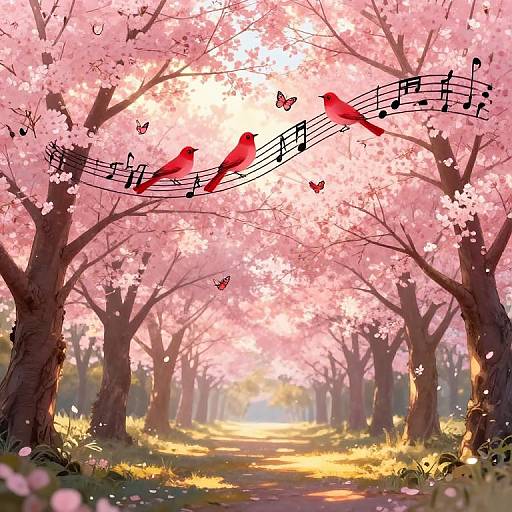 Digital artwork of a sunlit path through pink cherry blossom trees, with three red birds singing on musical notes, surrounded by butterflies.