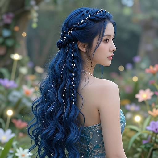 Photograph of an Asian woman with long, wavy blue hair adorned with braids and small pearls, wearing a strapless, teal, beaded