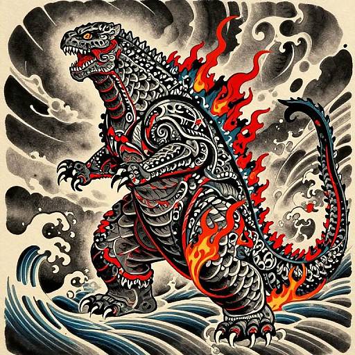Ink drawing of a fierce, armored Godzilla-like creature with red flames, sharp claws, and intricate black patterns, standing on turbulent waves against a storm
