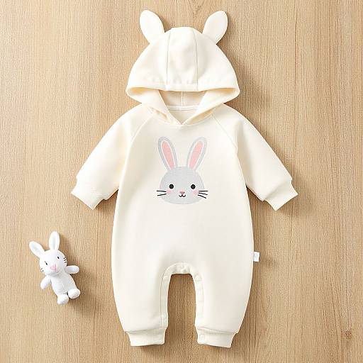 Photograph of a white hooded onesie with bunny graphic and matching plush bunny, laid flat on wooden surface.