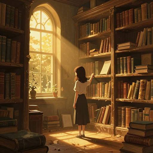 Mystical Library in Golden Hour Light