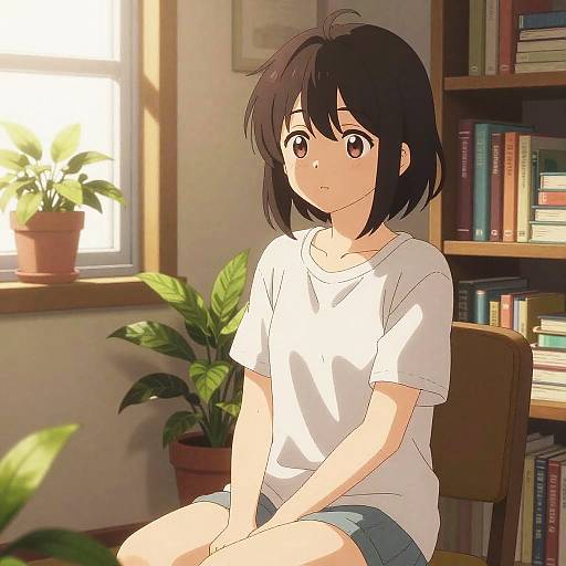 Anime-style digital drawing of a cute, shy girl with short black hair, wearing a white t-shirt and blue shorts, sitting in a sunlit room