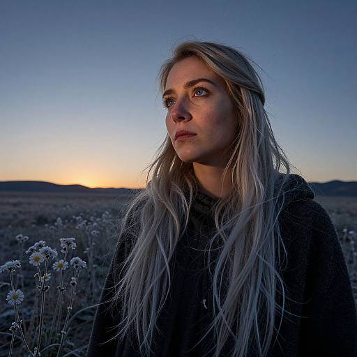 Photograph of a blonde woman with long, wavy hair, wearing a dark hoodie, standing in a field of white wildflowers at sunset, with