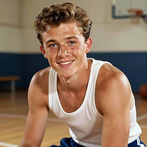 Photograph of a smiling, young, muscular man with curly brown hair, wearing a white tank top, in a gym with wooden flooring and blue walls