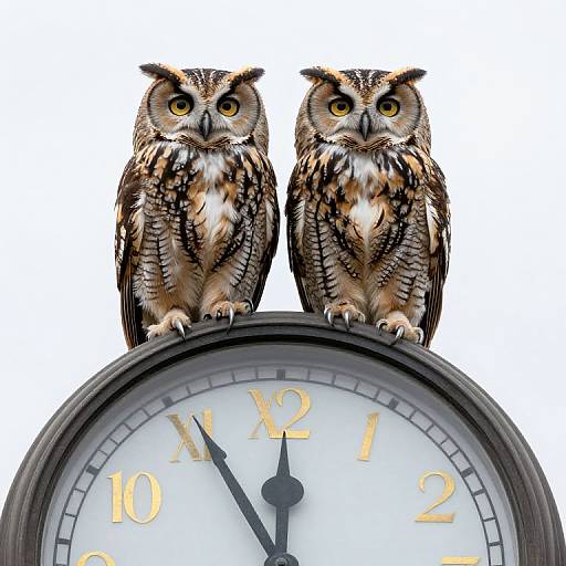 Two Owls Sitting on Vintage Clock
