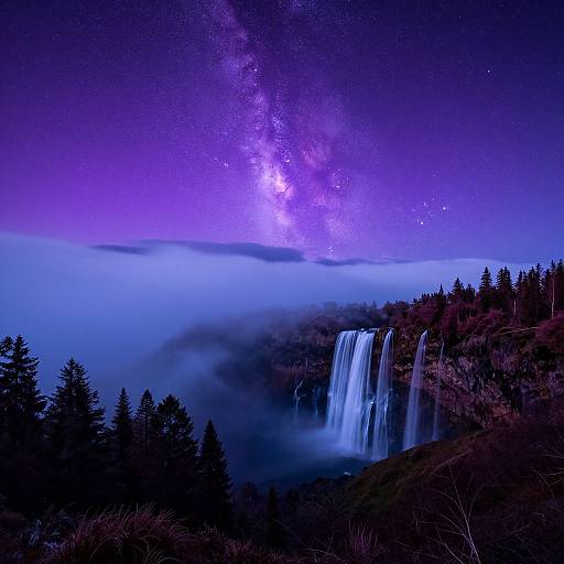 Photograph of a night sky with the Milky Way visible above a misty waterfall cascading down a forested cliff, surrounded by tall trees.