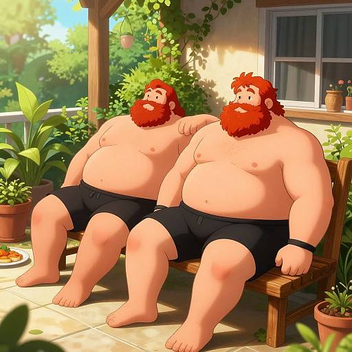 Digital illustration of two chubby, bearded men with red hair, wearing black shorts, sitting on a wooden bench in a sunny, leafy patio.