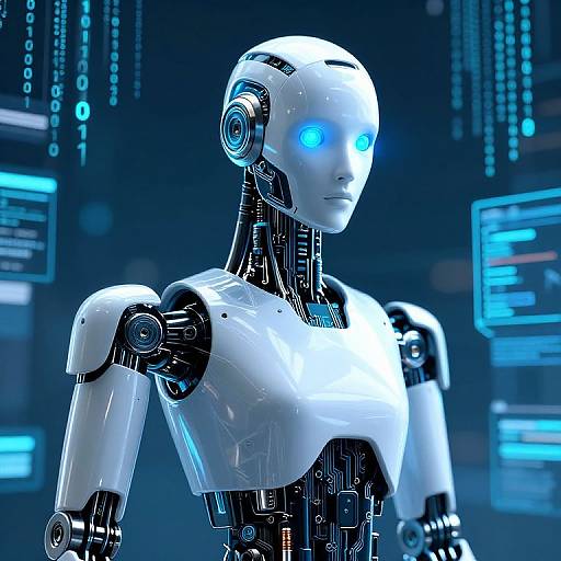 Digital CGI image of a sleek, white humanoid robot with glowing blue eyes, exposed black circuitry, and futuristic blue-lit background.