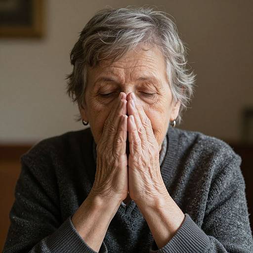 Photograph of an elderly woman with short gray hair, closed eyes, and hands pressed together in prayer, wearing a black sweater, in a softly lit