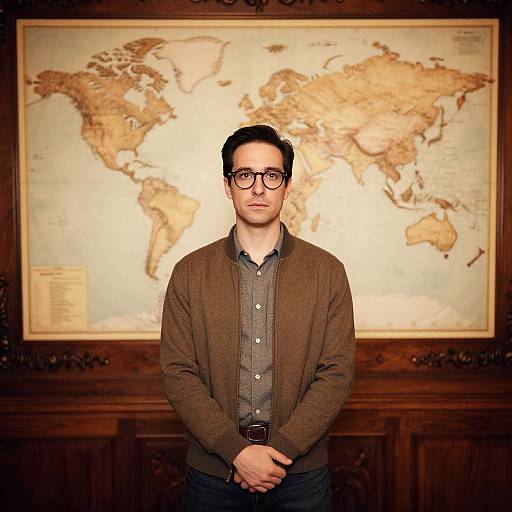 Photograph of a bespectacled man with dark hair, wearing a brown cardigan and gray shirt, standing in front of a vintage world map