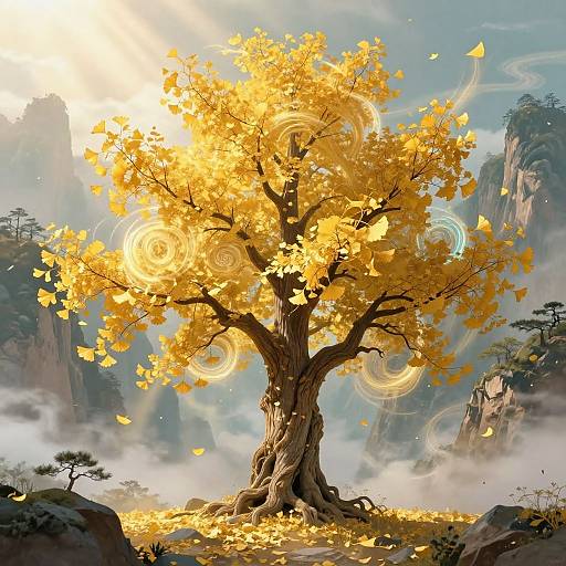 Mystical Ginkgo Tree in Fantasy Mountains