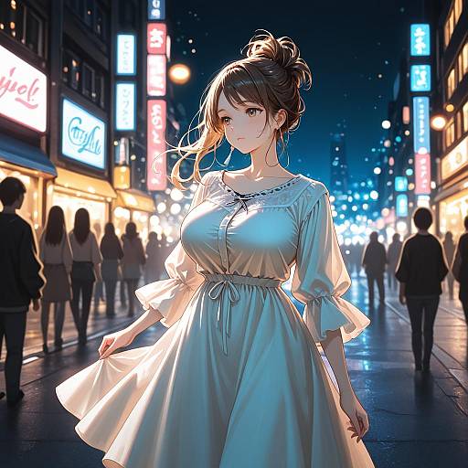 Stylish Woman in White Dress on Tokyo Street at Night
