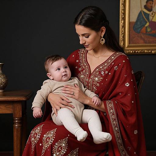 Woman in Red Holding Baby
