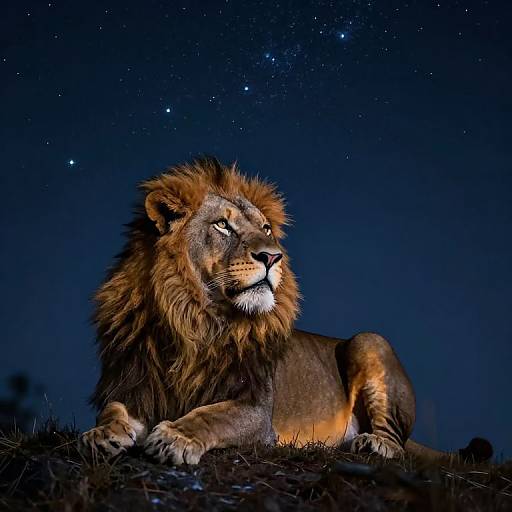Photograph of a majestic lion with a thick, dark brown mane, lying on grass under a starry night sky, gazing into the distance with