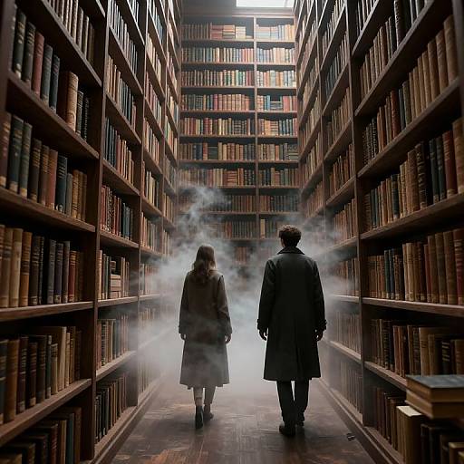 Photograph of two silhouetted figures, one in a long coat, one in a dress, walking through a misty, towering library aisle