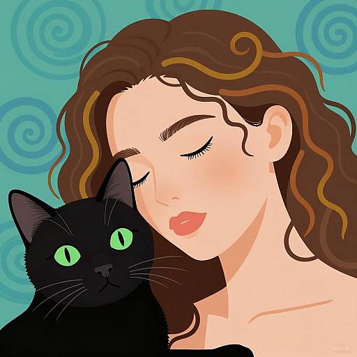 Woman with Black Cat Illustration