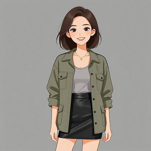 Digital anime-style drawing of a smiling woman with shoulder-length black hair, wearing a green military jacket, gray tank top, and black skirt, against a