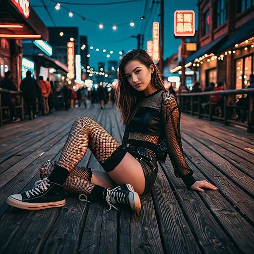 Teen Fashion on Neon-lit Boardwalk