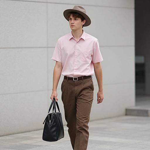 Photograph of a young man with light skin, wearing a brown hat, pink shirt, brown pants, and carrying a black bag, walking outside a