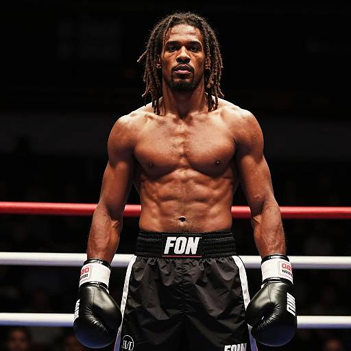 Photograph of a muscular, shirtless Black boxer with dreadlocks, wearing black shorts with 