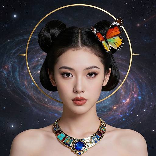 Digital portrait of an Asian woman with black buns, red lipstick, a colorful butterfly, and a cosmic galaxy background. She wears a gold circle,
