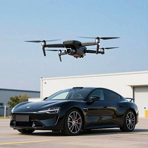 Futuristic Drone Hovering Over Sports Car