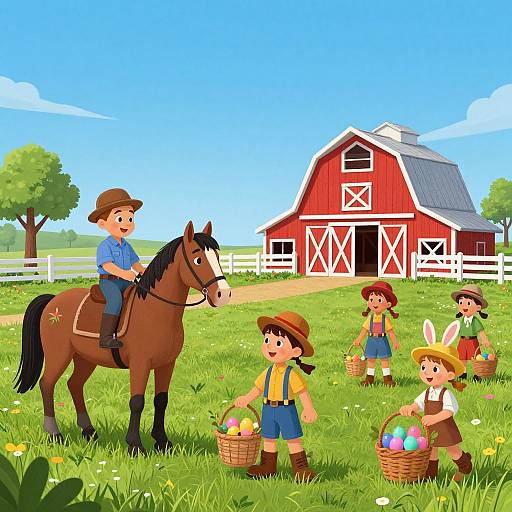 Colorful digital illustration of children with Easter baskets, one on a brown horse, in front of a red barn on a sunny day.