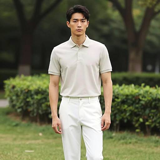 Stylish man in cream polo and white pants in park
