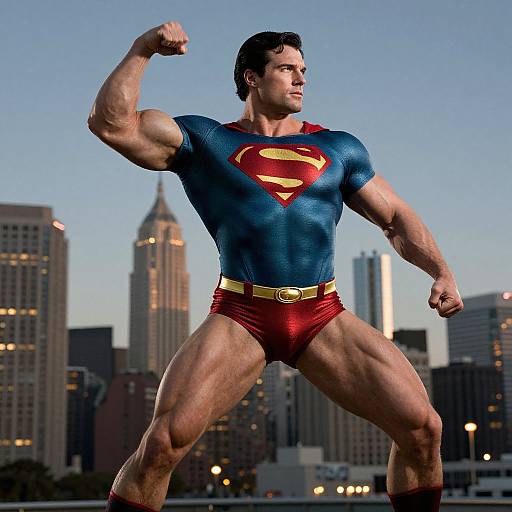 Photograph of a muscular, fair-skinned Superman with black hair, blue shirt, red shorts, flexing arm, standing in front of a city