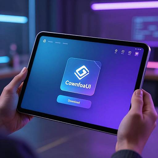 Photograph of a hand holding a tablet displaying the CowinUI app with a blue-purple background, in a modern, dimly-lit room.