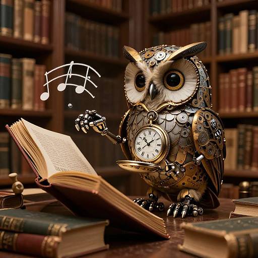 Steampunk owl sculpture with gears, clock, reading open book, musical notes floating, surrounded by books in a library. Photorealistic CGI.