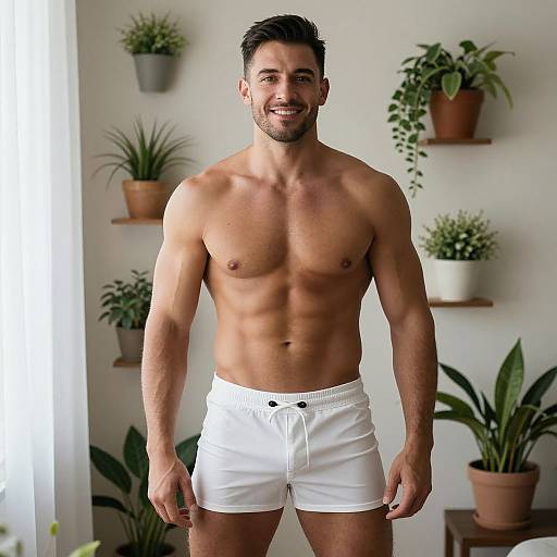 Photograph of a fit, smiling, muscular man with short dark hair, wearing white boxer shorts, standing in a bright room with potted plants on
