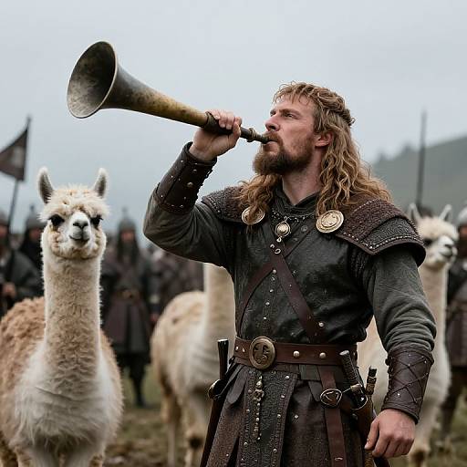 Viking Leader Blowing Horn with Alpacas