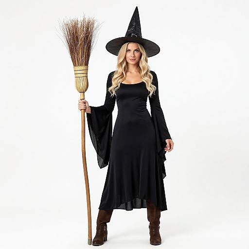 Photograph of a blonde woman in a black witch dress and hat, holding a broomstick, standing against a white background.