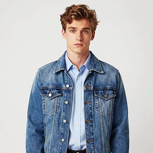 Photograph of a young, Caucasian man with light brown, wavy hair wearing a blue denim jacket over a white button-up shirt, standing against a