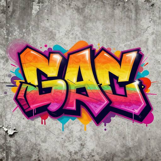 Brightly colored, graffiti-style 