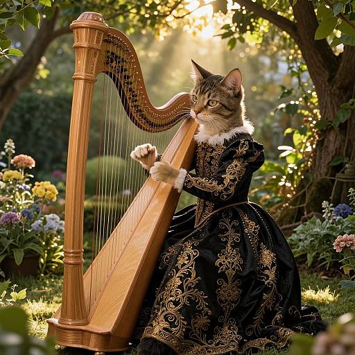 Photograph of a tabby cat in an ornate black dress, playing a wooden harp in a sunlit, flower-filled garden.
