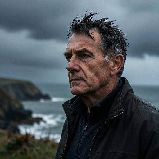 Pensive Breton Man on Stormy Coast
