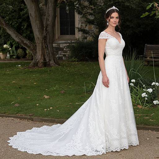 Photograph of a beautiful woman in a white lace wedding dress with a deep V-neck, standing outdoors on a gravel path, with a lush garden and