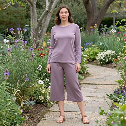 Woman in Purple Outfit in Garden
