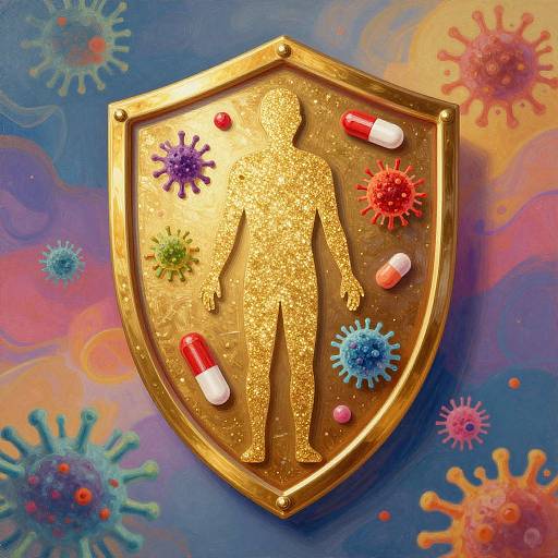 Digital artwork of a golden, glittery human silhouette on a shield with colorful, abstract virus shapes and red-white capsules.