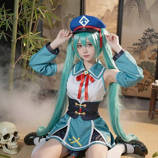 Anime Girl with Teal Hair and Skull