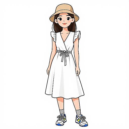 Digital anime-style drawing of a cute young woman with black hair, wearing a beige hat, white V-neck dress, and blue sneakers.
