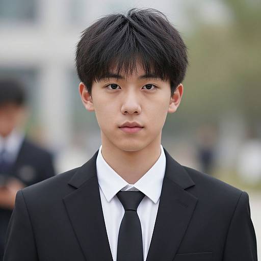 Photograph of an Asian man with black hair, wearing a black suit, white shirt, and black tie, standing outdoors with a blurred background.