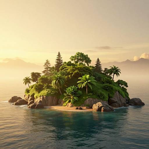 Photorealistic CGI of a small, lush tropical island with palm trees, rocky shore, and calm ocean at sunrise.