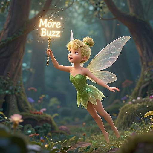 Digital illustration of a fairy with blonde hair, green leafy dress, and translucent wings, holding a 