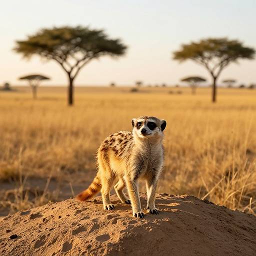 Photograph of a meerkat standing on a dirt mound in a sunlit savanna, with blurred acacia trees in the background.